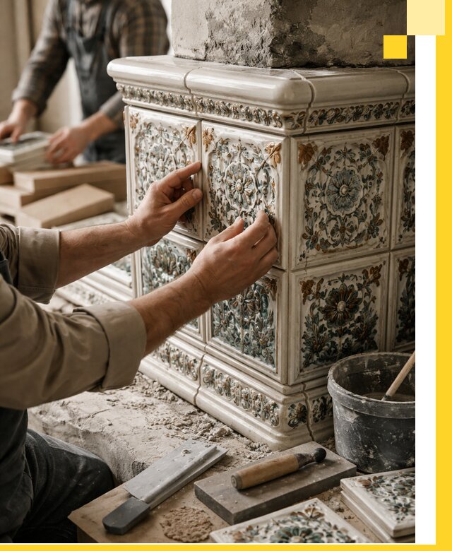 Изразцовые камины под ключ в Ломоносове: проект и монтаж