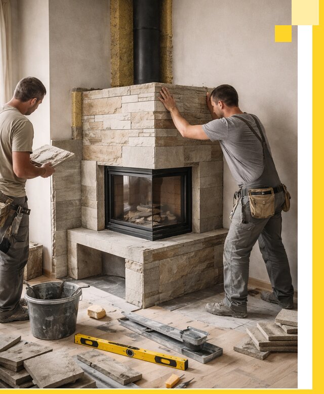 Угловые камины под ключ проект, монтаж и отделка в Ломоносове