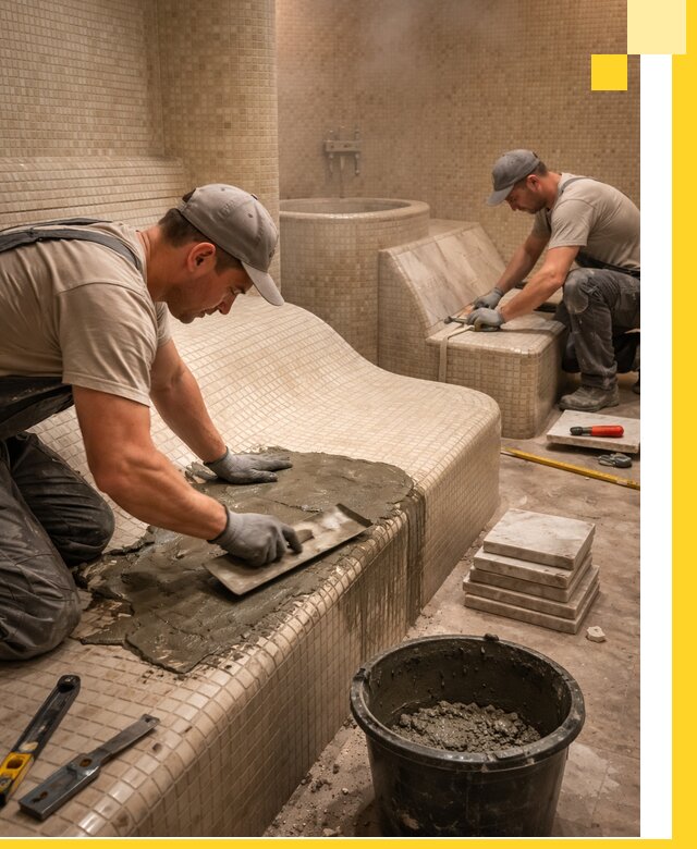 Лежаки для хамама под ключ в Ломоносове, проект и монтаж