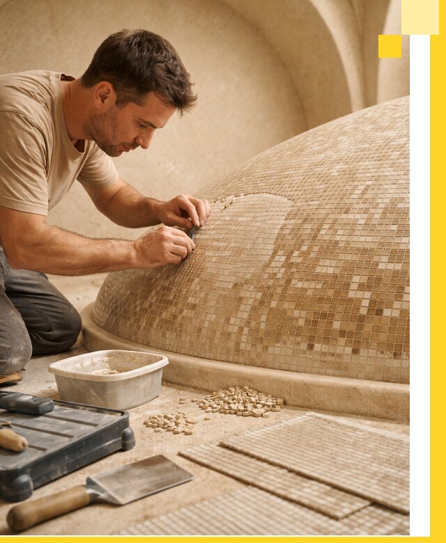 Профессиональная укладка мозаики для хамама под ключ в Ломоносове